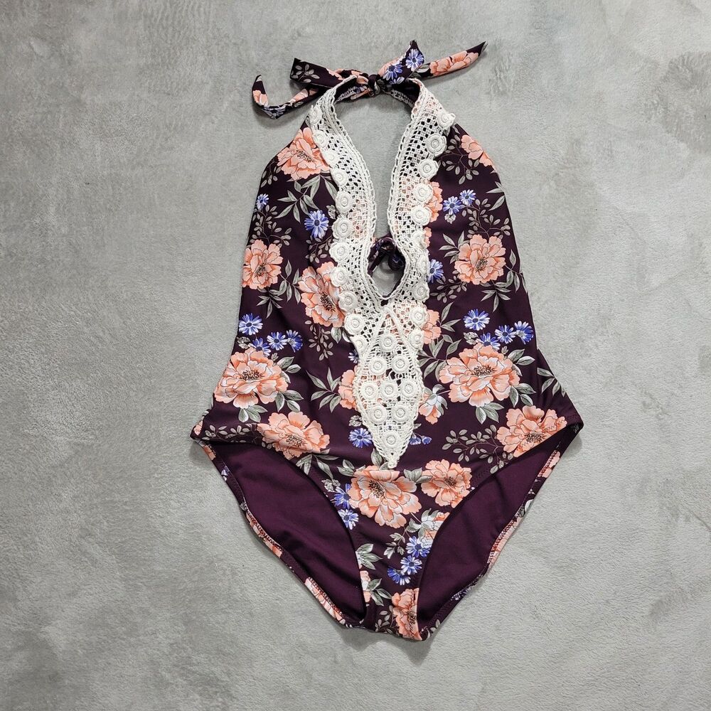 Kona Sol One Piece Swimsuit Floral Purple Sz L
